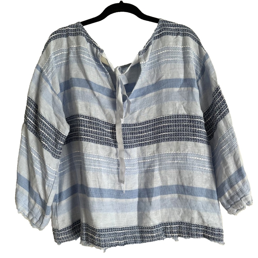 Bella Dahl XL Womens Peasant Top Blue Striped Linen Cotton 3/4 Sleeve Tie Neck